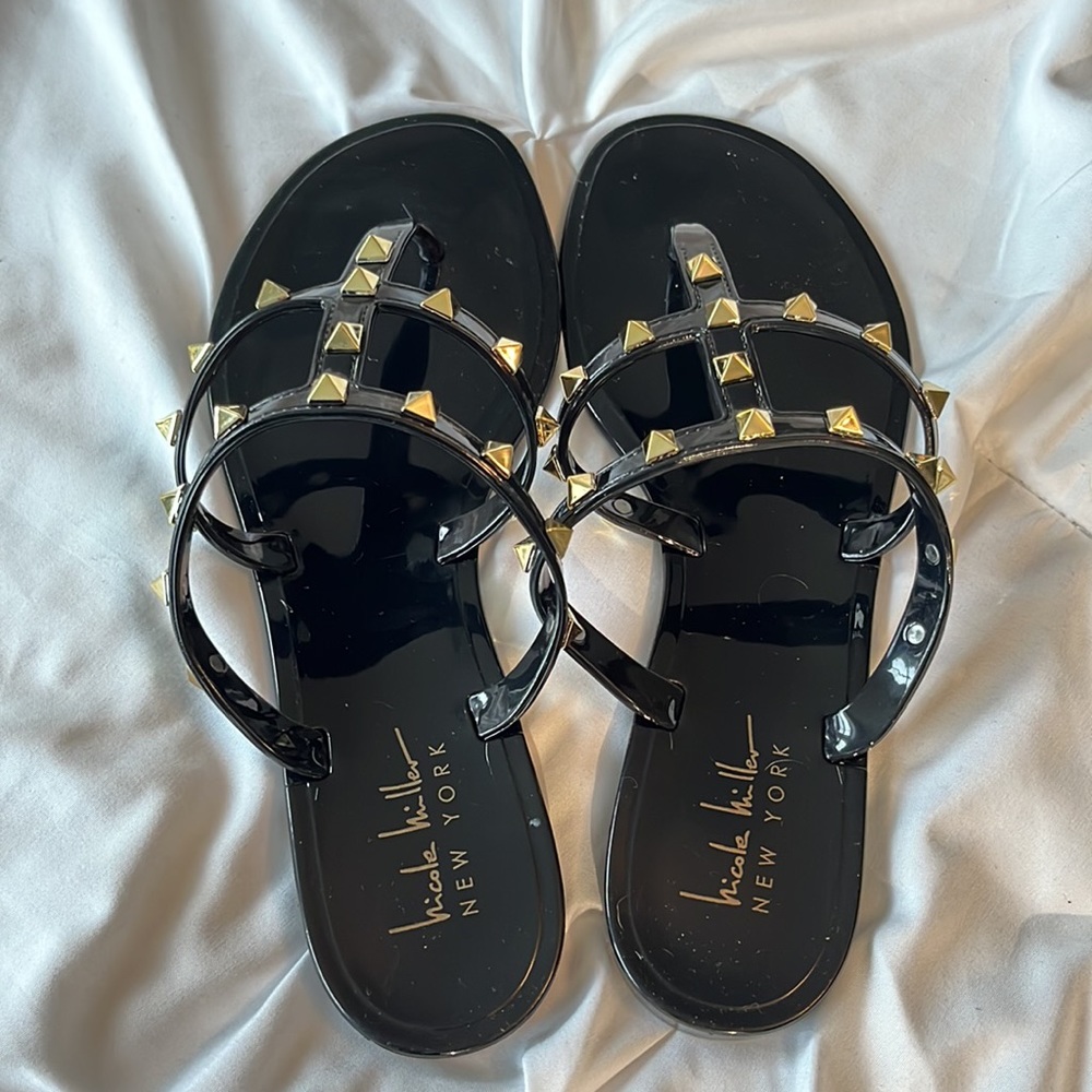 NWT- Nicole Miller- New York- unworn gold studded sandals